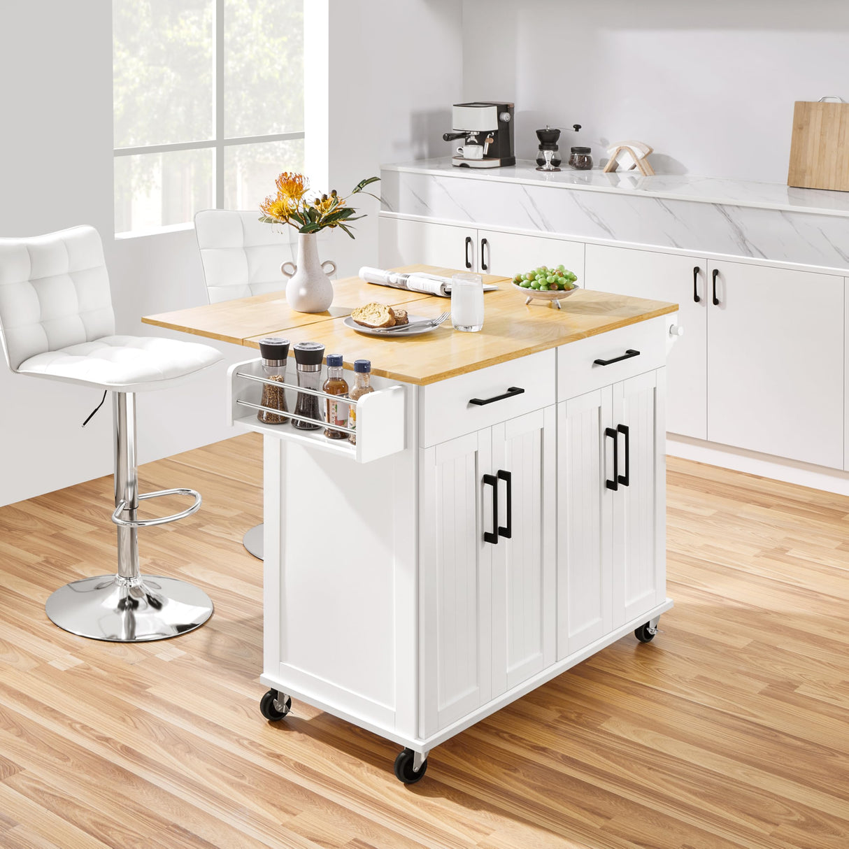 Yaheetech Rolling Kitchen Island with Drop Leaf, Kitchen Cart on Wheels with Storage Cabinet and Drawers, Rubberwood Top, Detachable Towel Rack, Spice Rack for Dining Room, White Yaheetech