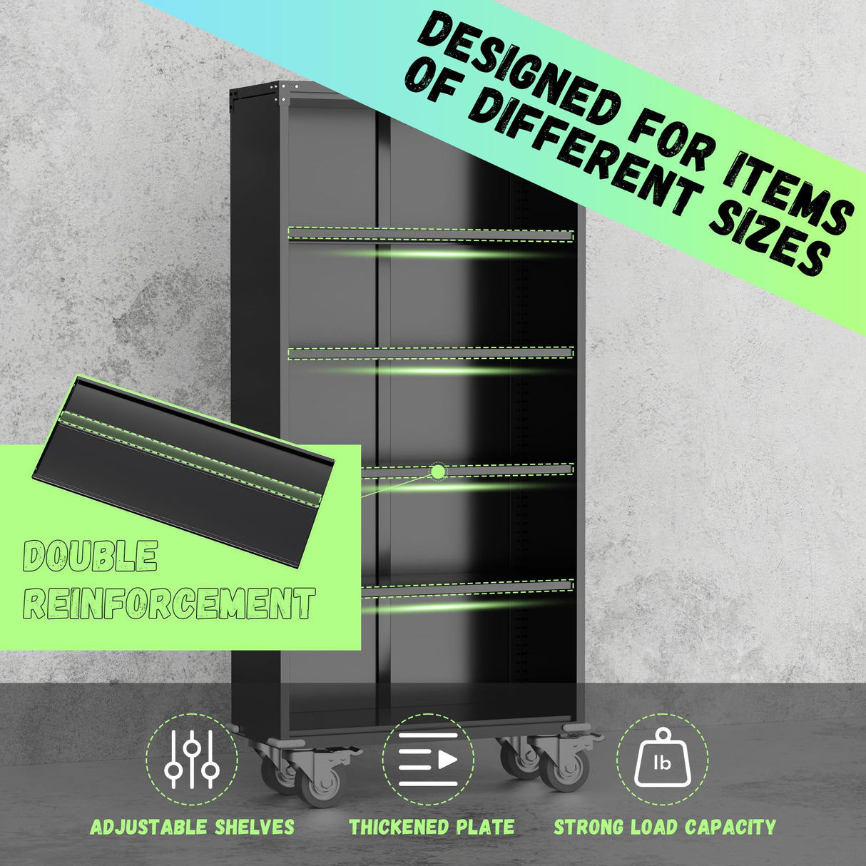 INTERGREAT Metal Storage Cabinet with Wheels, 75" Garage Storage Cabinets with Door and 4 Shelves, Tool Storage Locker on Caster for Home, Office, Black INTERGREAT