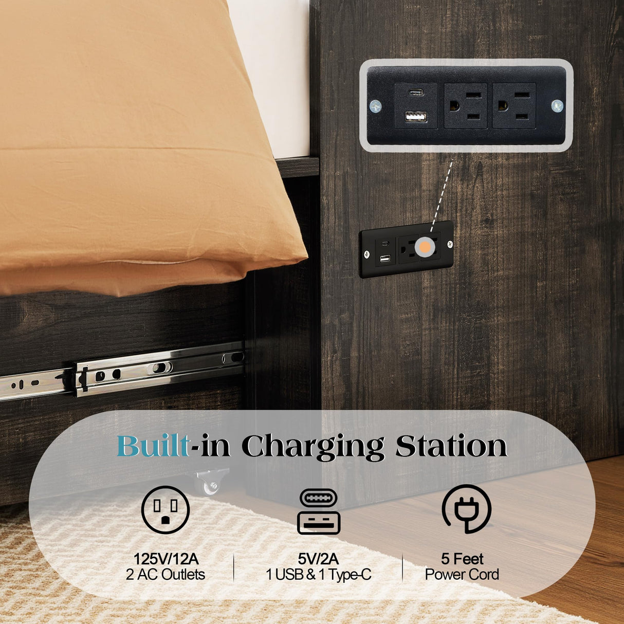 LUXOAK Queen Murphy Bed with Storage and Charging Station, Farmhouse Cabinet Bed, Noise-Free, for Guest Room, Apartment, or Office, Black Oak LUXOAK