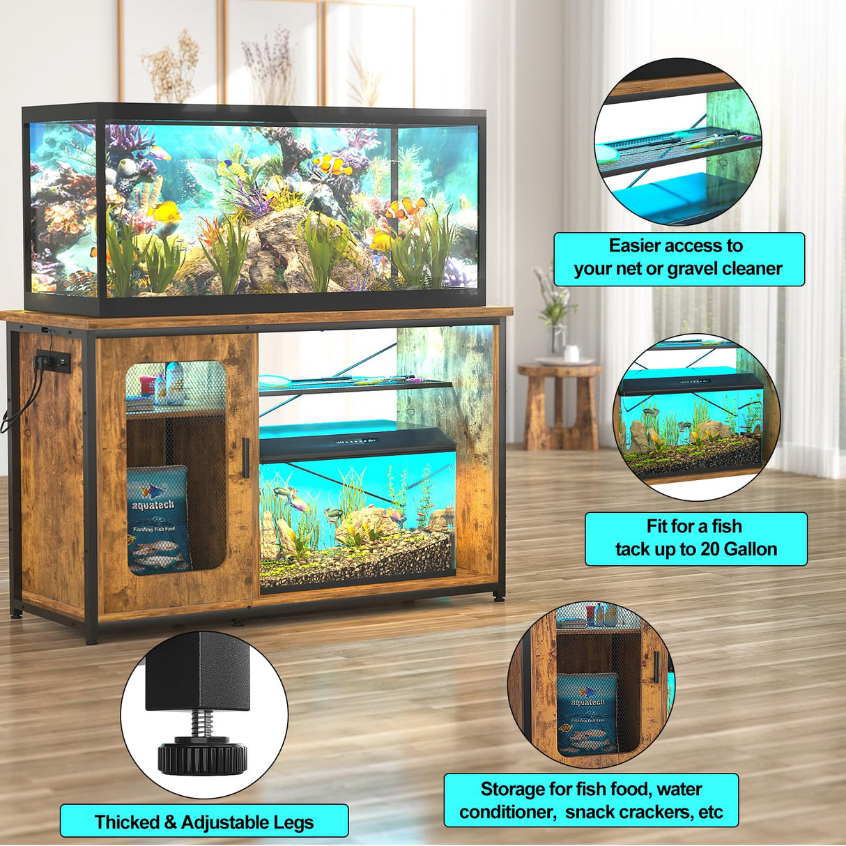 Hyomdeck 55-75 Gallon Fish Tank Stand with Power Outlets & LED Light, Reversible Heavy Duty Metal Aquarium Stand with Cabinet for Fish Tank Accessories Storage, Turtle/Reptile Terrariums, Rustic Hyomdeck