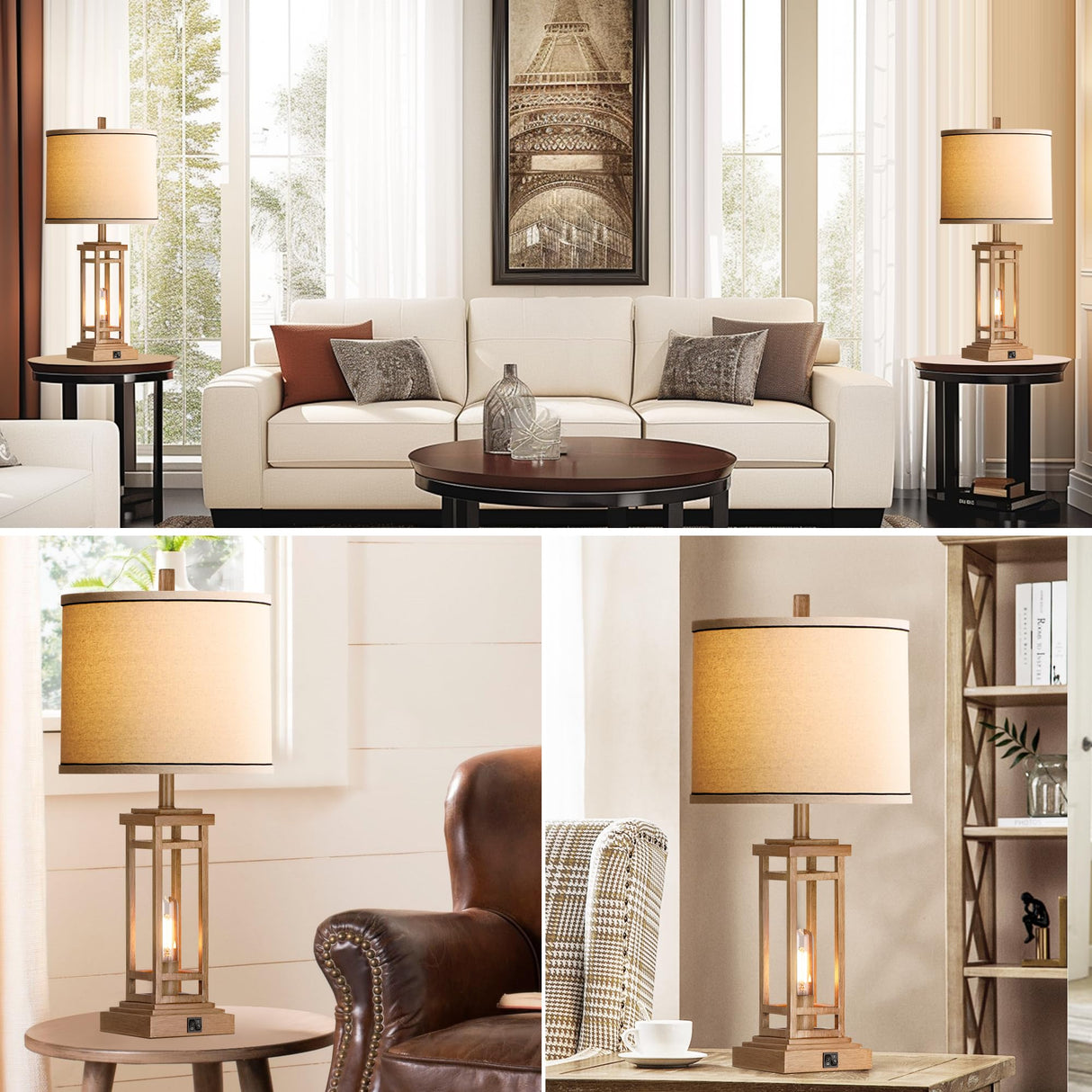 ROTTOGOON 27.5 Tall Farmhouse Table Lamps with USB C + USB A Charge Ports, Rustic Living Room Lamps Set of 2, Black Industrial End Table Lamp for Bedroom Living Room Nightstand (Wood) ROTTOGOON