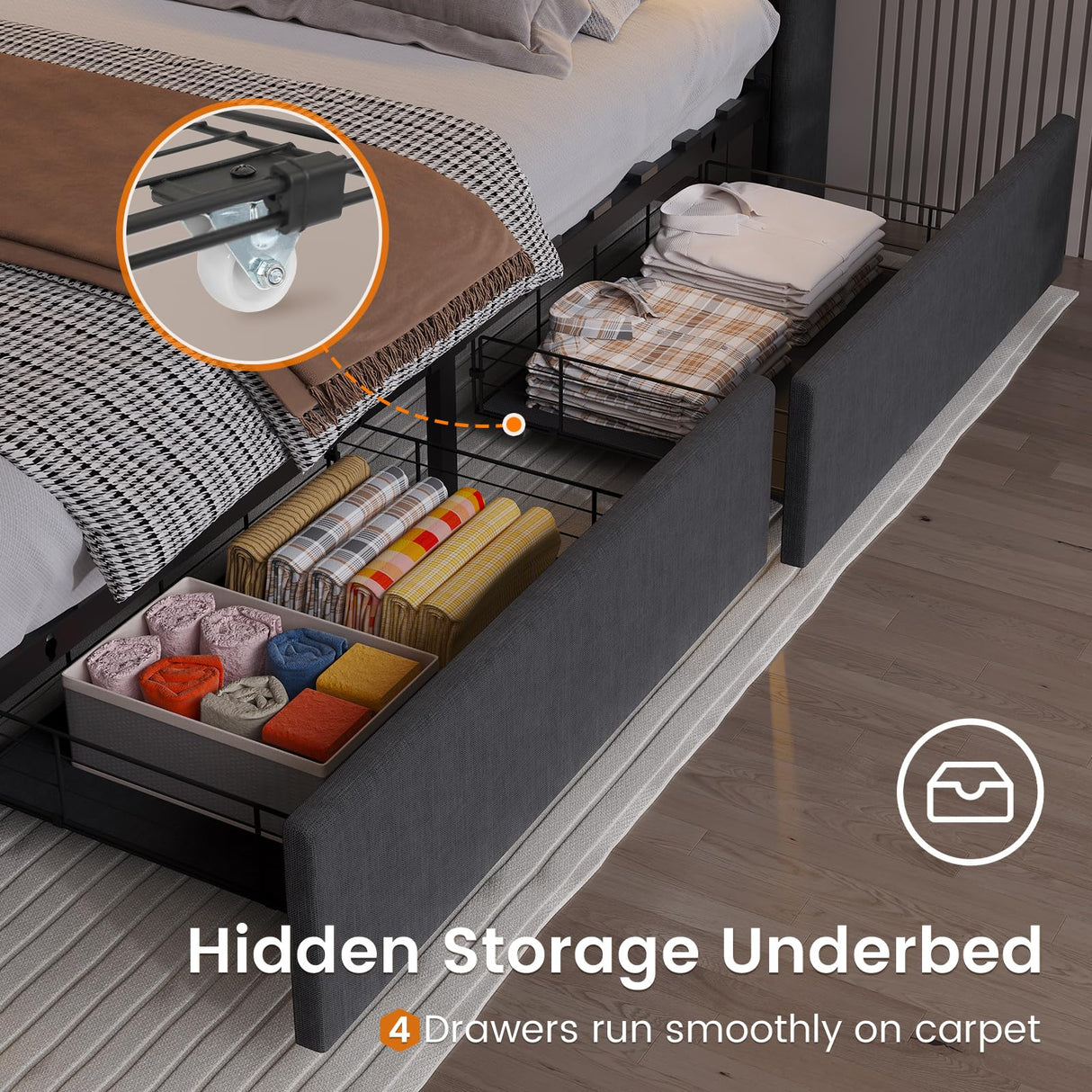 Full Bed Frame with RGB LED Lights Headboard & USB-C/A Charging Station, Modern Upholstered Platform Bed with Storage Drawers, Heavy Duty Steel Slats, No Box Spring Needed, Dark Gray BTHFST