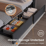 Full Bed Frame with RGB LED Lights Headboard & USB-C/A Charging Station, Modern Upholstered Platform Bed with Storage Drawers, Heavy Duty Steel Slats, No Box Spring Needed, Dark Gray BTHFST