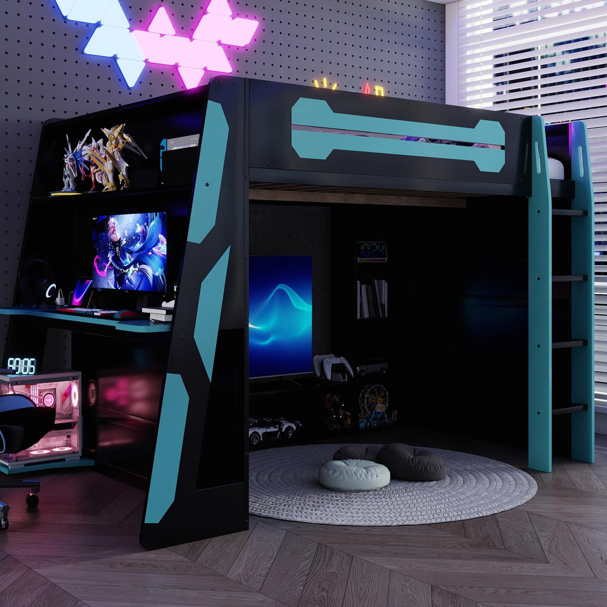 Full Size Wood Gaming Loft Bed with Desk, Full Loft Bed with Multi-Storage Shelves, Light and Charging Station for Teens, Adults Desk Built-in Console Shelf Underneath No Box Spring Needed, Blue Bellemave