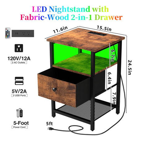 HDDDZSW LED Nightstands Set of 2 with Charging Station, Bedside Tables with USB Ports and Outlets, End Table with Fabric-Wood 2-in-1 Drawer for Small Spaces, Vintage Side Table for Bedroom,Living Room HDDDZSW