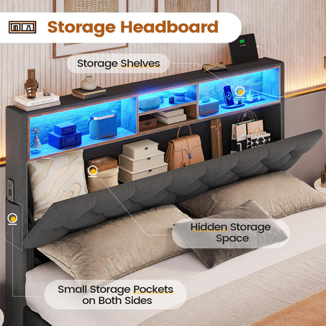BTHFST Full Size Bed Frame with 4 Drawers & Charging Station, LED Bed Frame Full Size with Hidden Storage Headboard, Upholstered Metal Bed Full, No Box Spring Needed, Dark Grey BTHFST