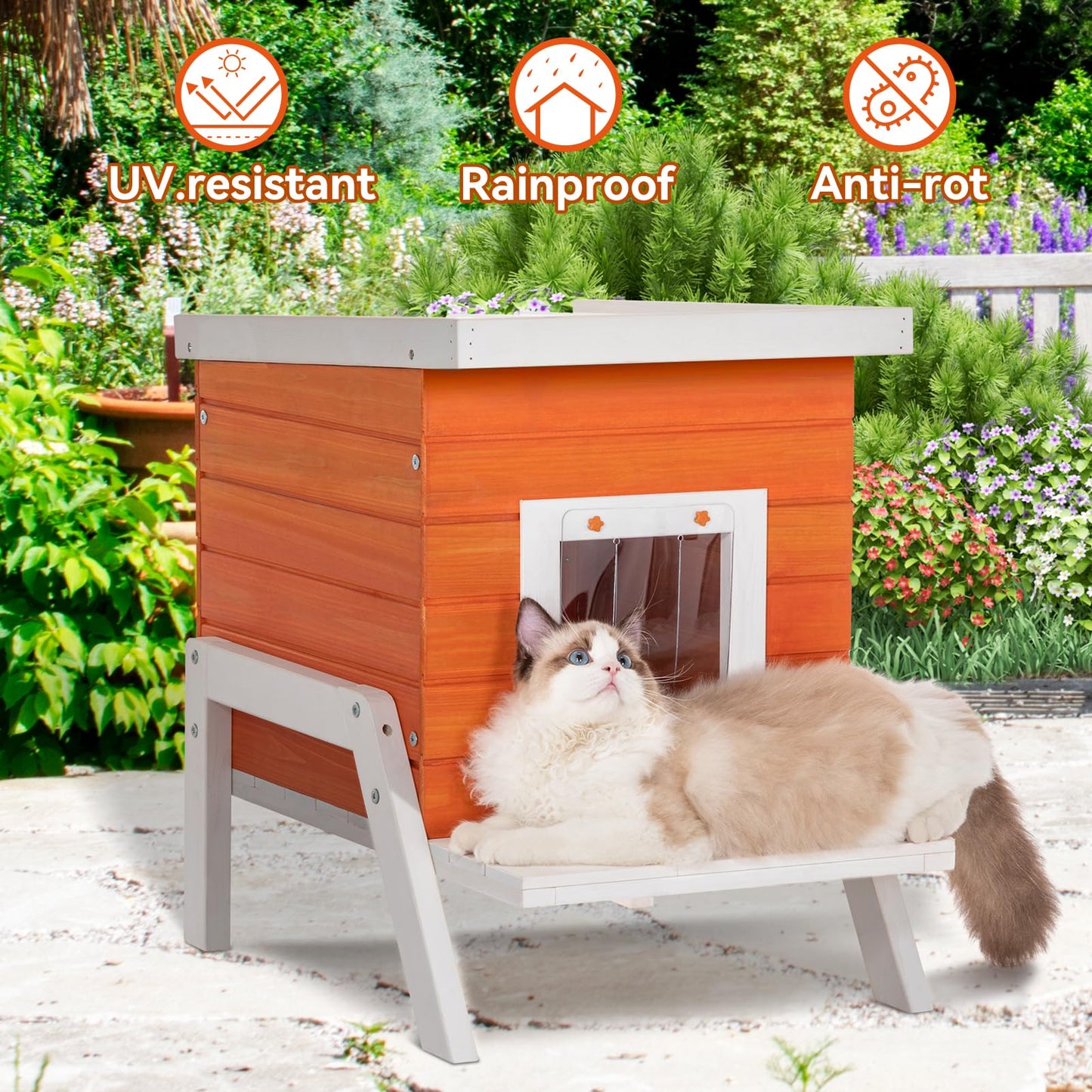 Petsfit Cat House Outdoor, Insulated High Feet + Feeding Station +Door Curtain, Wood Outside Cat House, Bunny Rabbit Hutch Orange - WoodArtSupply