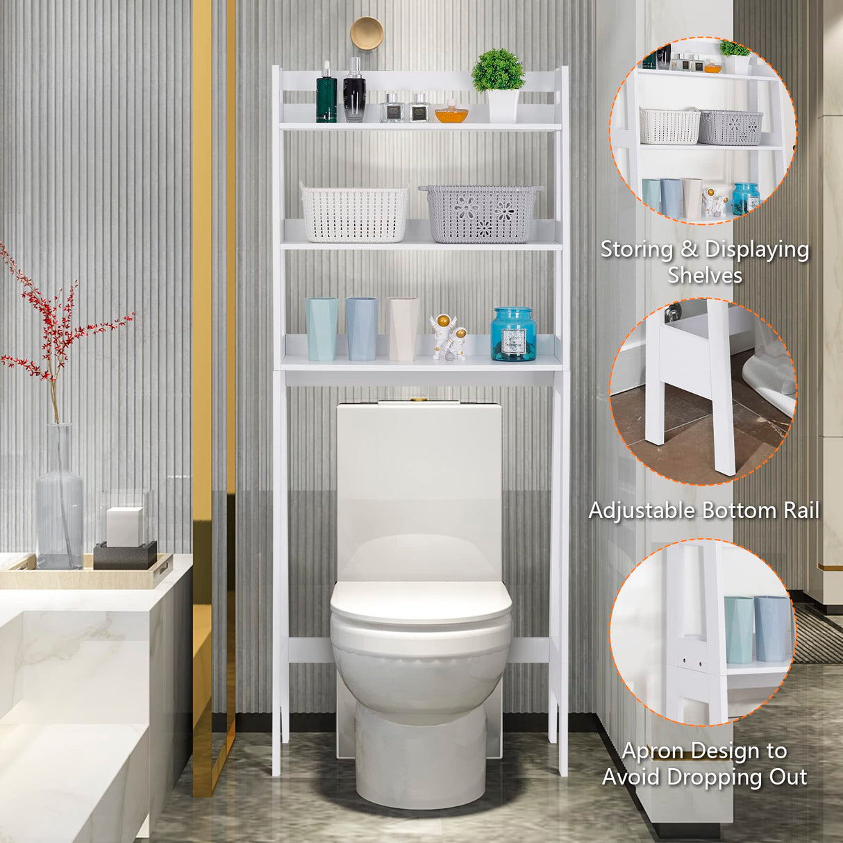 SUPER DEAL 3 Tiers Over The Toilet Bathroom Storage Shelf, Freestanding Wooden Bathroom Organizer Rack with Shelves for Laundry Restroom, White SUPER DEAL