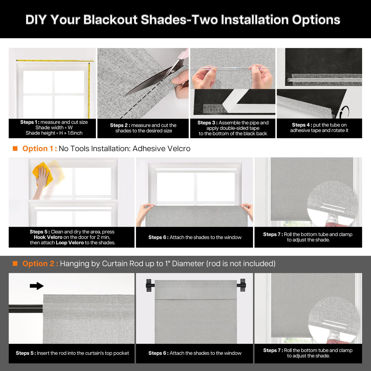 LazBlinds Blackout Roller Shades, No Drill Cordless Blinds for Windows, Roll Up French Door Blinds, Thermal Insulated UV Protection Blinds and Shades for Home and Office (48''W x 72''H, Grey Linen) LazBlinds