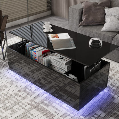 Led Coffee Tables for Living Room - High Gloss Table with Led Lights, 20 Colors Controlled by Remote or App, 47'' Lift Top Coffee Table with Storage Hidden Compartment, Black - WoodArtSupply