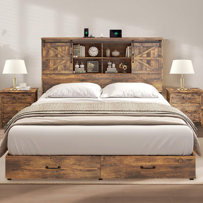 YUMPIE Farmhouse King Size Bed with 51.2" Bookcase Headboard, Wooden Platform Beds with Sliding Barn Door, Built-in Charging Station and 2 Storage Drawers, No Box Spring Needed, Rustic Brown