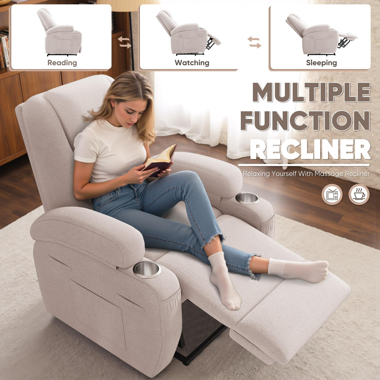 Power Lift Recliner Chair with Massage Electric Lift Chair for Elderly, Ergonomic Recliner with Cup Holders & Side Pockets, Modern Single Sofa for Living Room (Fabric, Beige) Shahoo