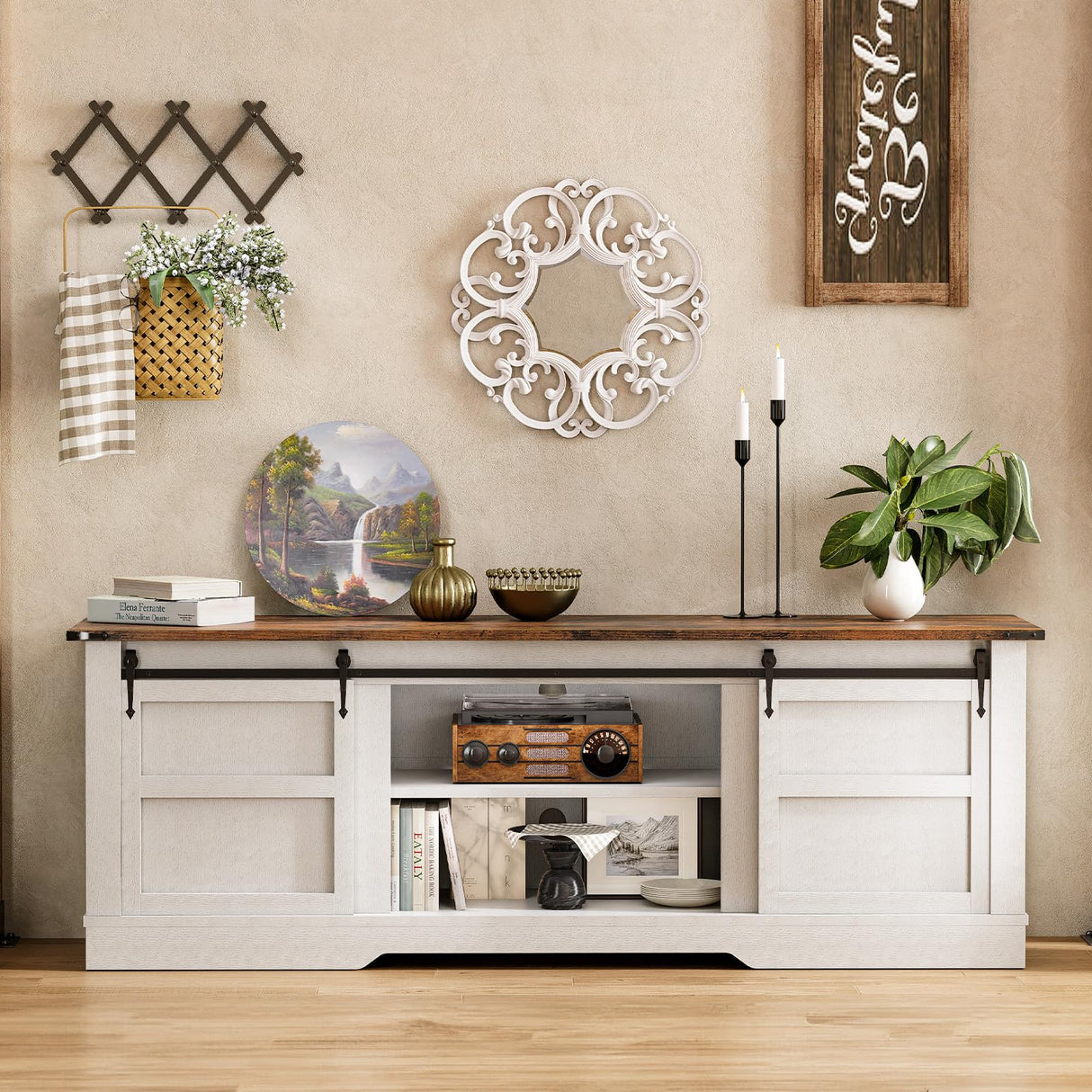 oneinmil 66” Farmhouse TV Stand, Modern Rustic Entertainment Center with Sliding Barn Door and Storage Cabinets, Metal Media TV Console with Set of Shelf for TVs up to 75”, White oneinmil