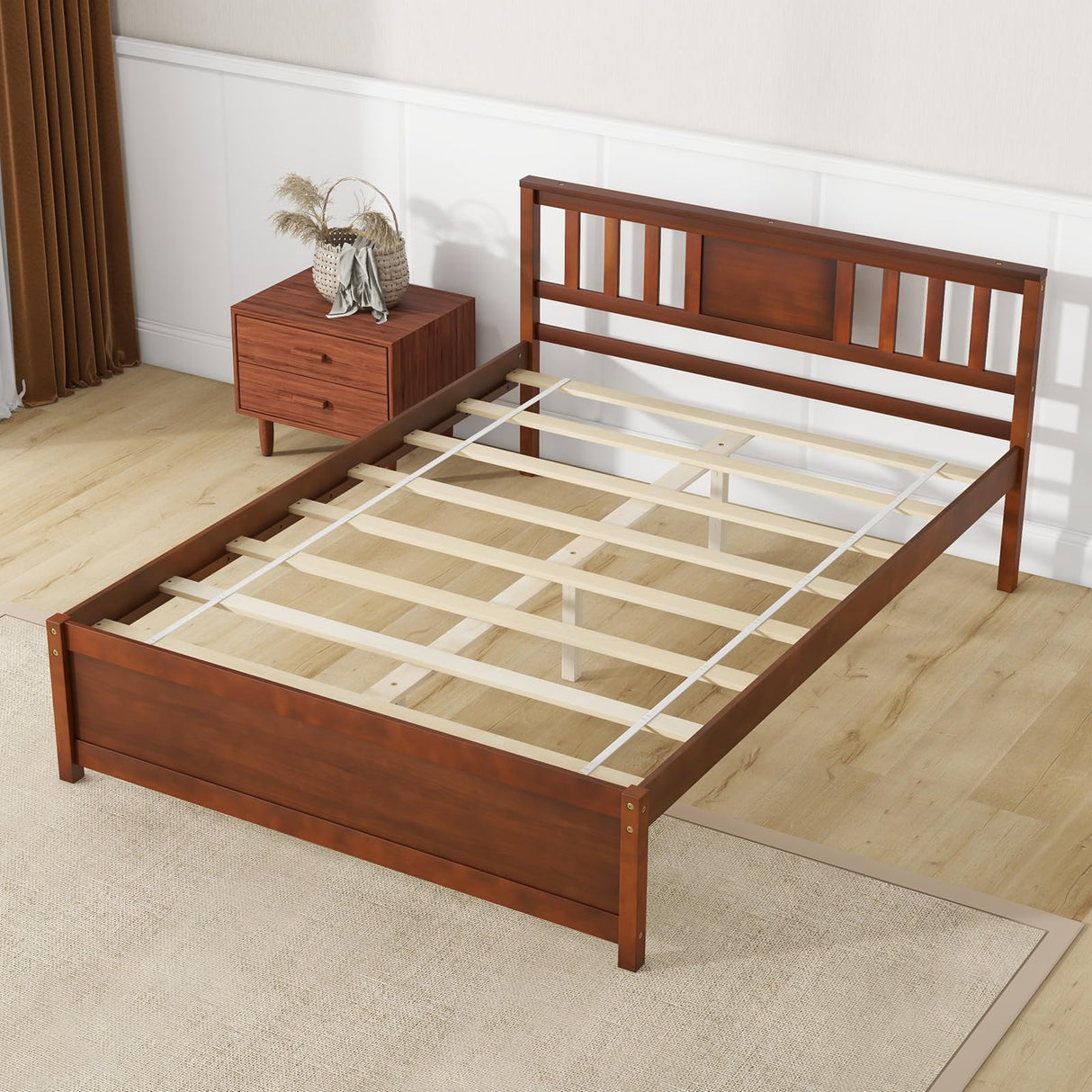 Giantex Full Size Solid Wood Platform Bed Frame, Mid Century Full Bed Frame with Headboard, Wood Slat Support, Double Panel Bed, No Box Spring Needed, Easy Assembly, Walnut Giantex
