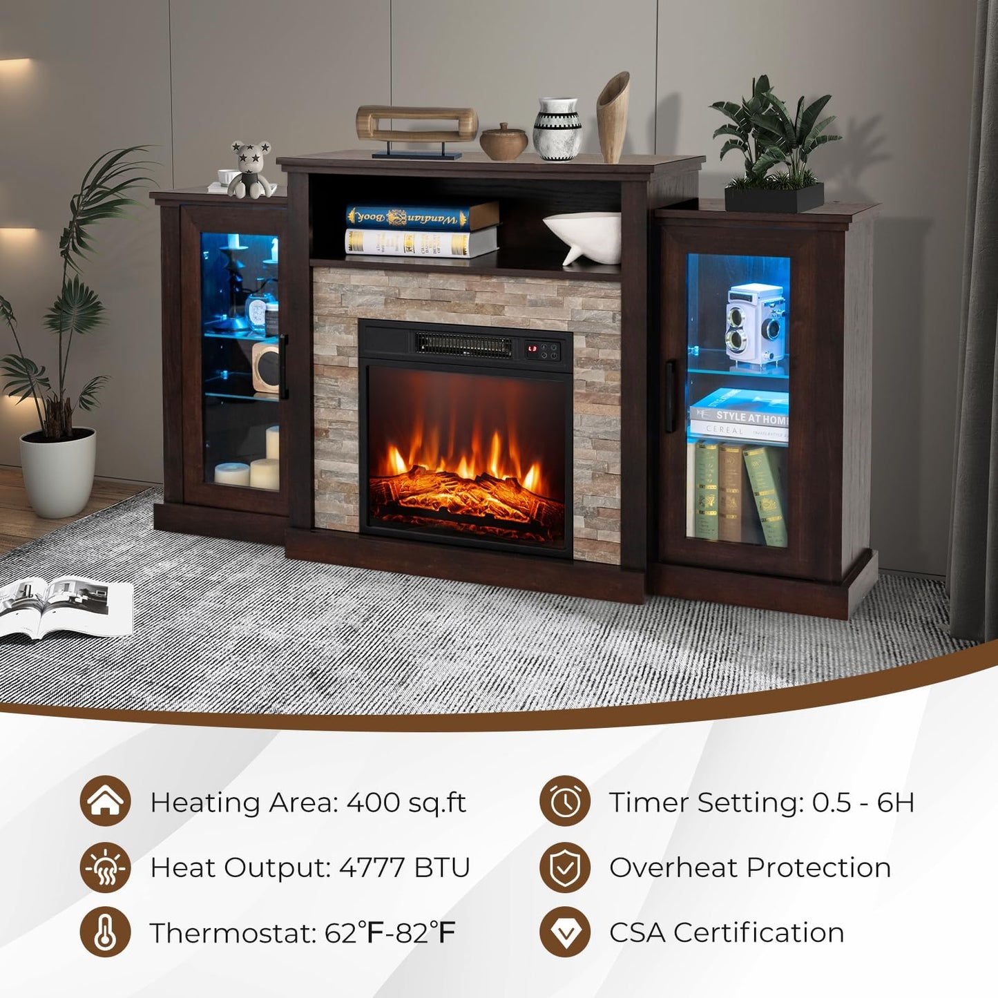 COSTWAY Electric Fireplace TV Stand for TVs Up to 65 Inches, 18-inch Fireplace Insert with APP & Remote Control, 16 Color Lights, Wooden Entertainment Center with Adjustable Shelves (Dark Brown)