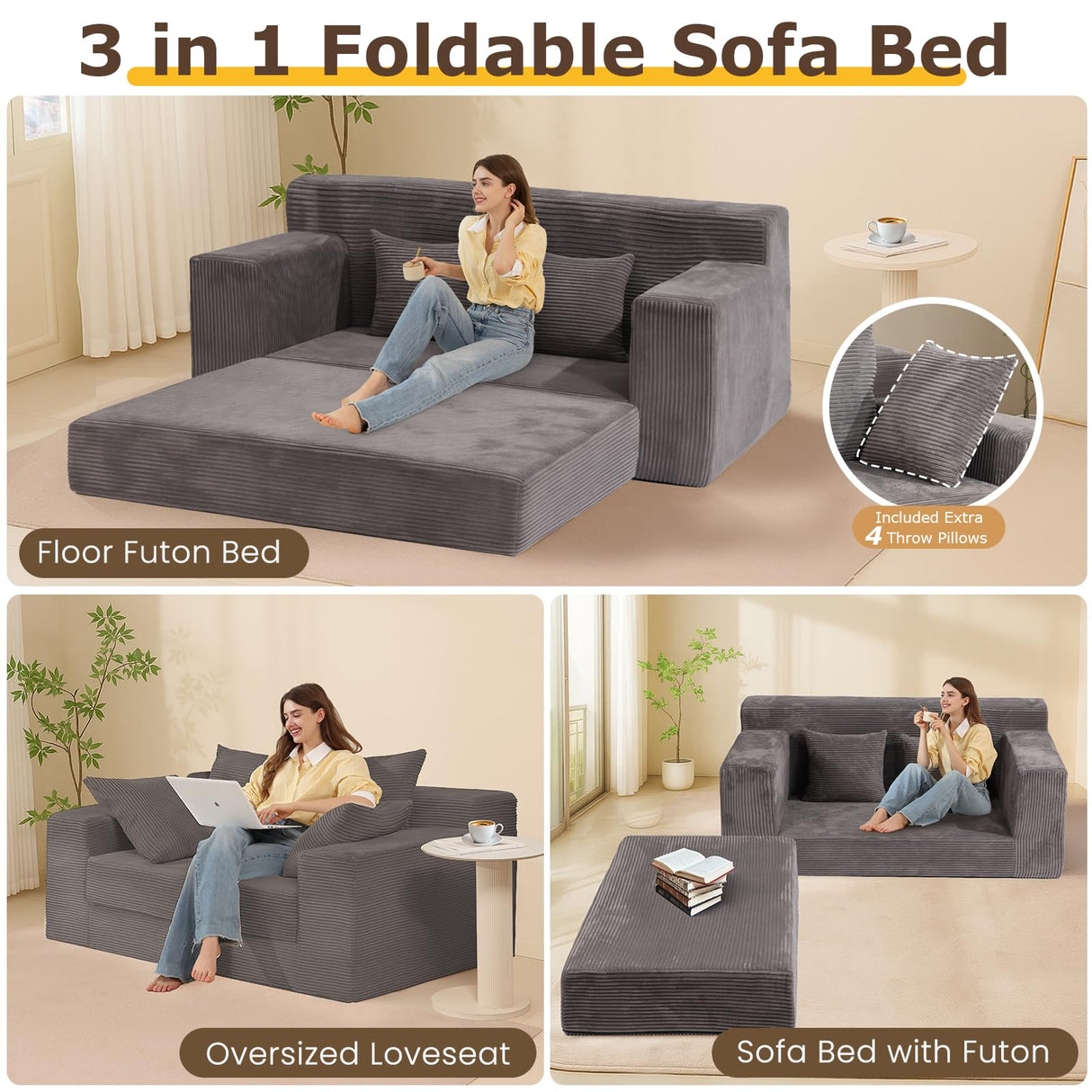 Convertible Sofa Bed, 3 in 1 Loveseat Folding Couch Bed Foldable - Boneless Couch & Floor Futon Sleeper, Corduroy Pull Out Sofa Bed with 4 Pillows for Living Room, Grey cidludto