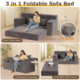 Convertible Sofa Bed, 3 in 1 Loveseat Folding Couch Bed Foldable - Boneless Couch & Floor Futon Sleeper, Corduroy Pull Out Sofa Bed with 4 Pillows for Living Room, Grey cidludto