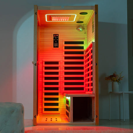 WOODBRIDGE Infrared Home Sauna Room 2 Person Hemlock Wooden Indoor Sauna,7 Carbon 1980W/120V Heaters,with Led Color Therapy Light,Bluetooth Speaker,Tempered Glass,Touch-Tone Keypad and A Top Vent WOODBRIDGE
