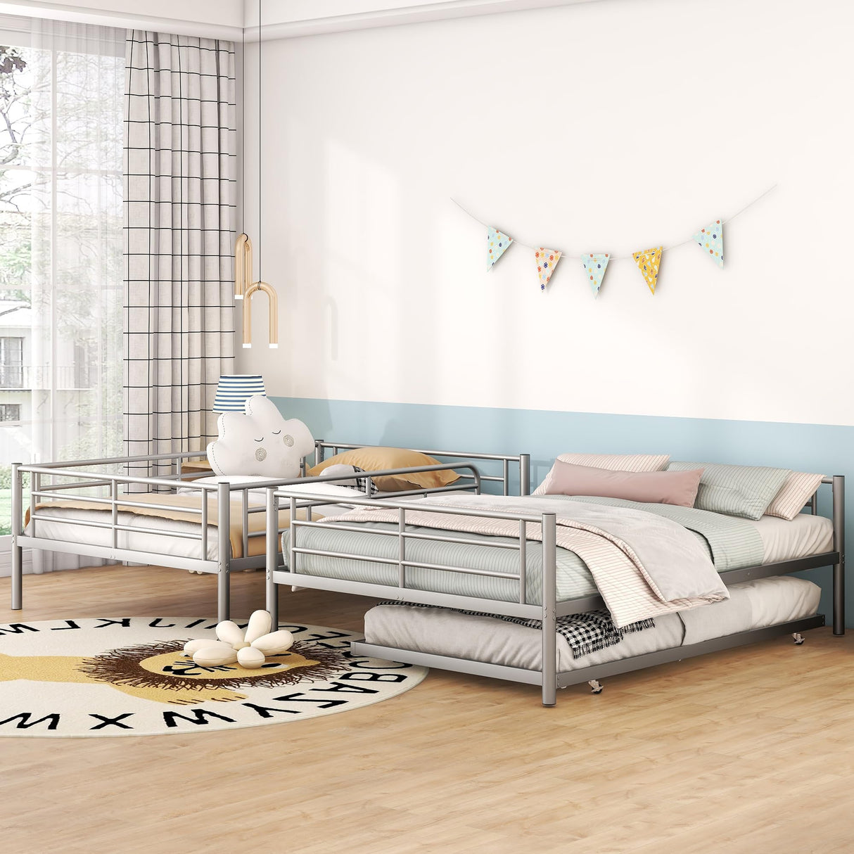 Harper & Bright Designs Full Over Full Metal Bunk Bed with Trundle, Ladder & High Guardrail, Able to Split, Noise Free, Heavy-Duty Steel Loft Bed Frame with Safety Rail for Bedroom, Dorm (Silver) Harper & Bright Designs