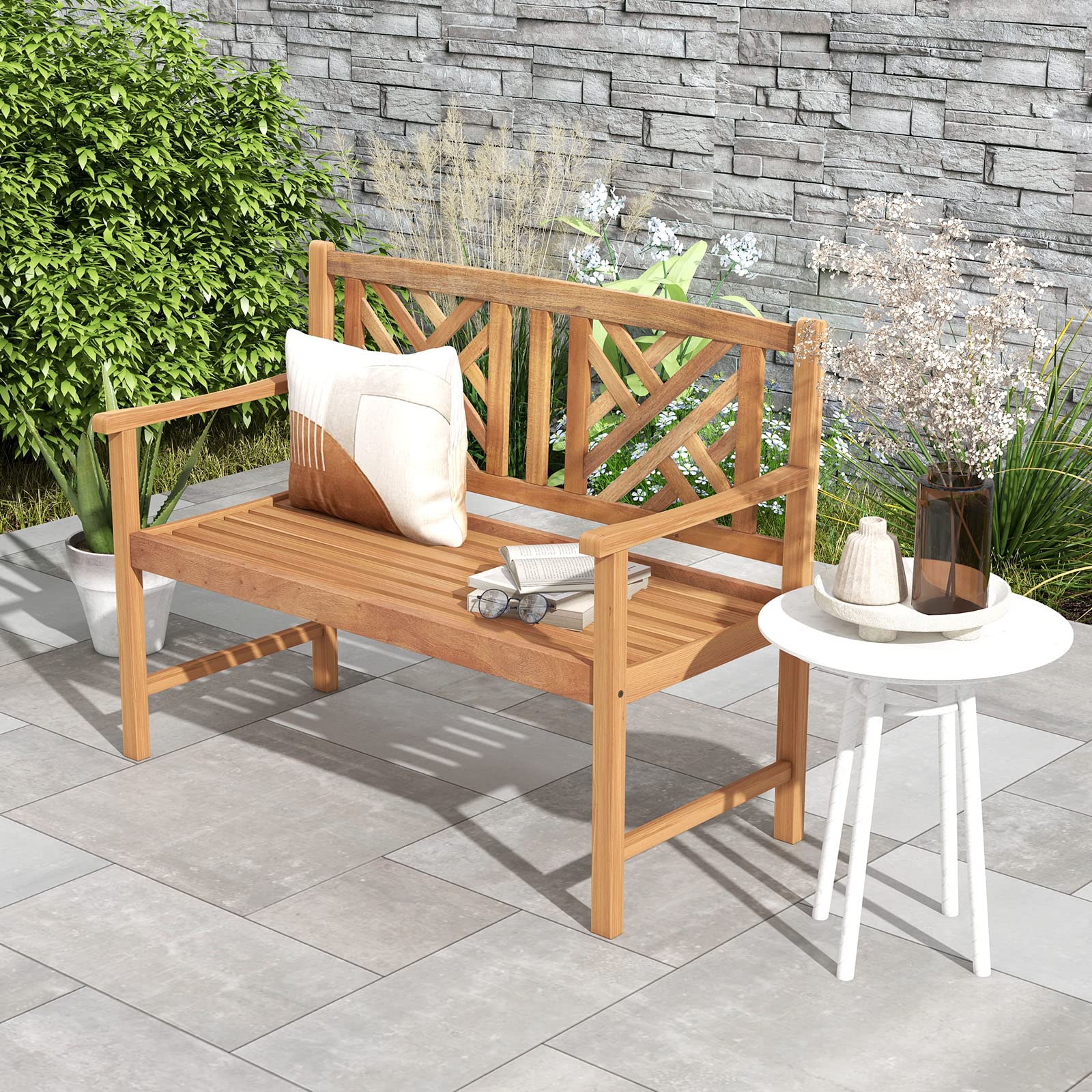 Tangkula 2-Person Acacia Wood Patio Bench - Thumbnail 3
