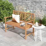 Tangkula 2-Person Acacia Wood Patio Bench with Curved Armrests and Slatted Seat Tangkula