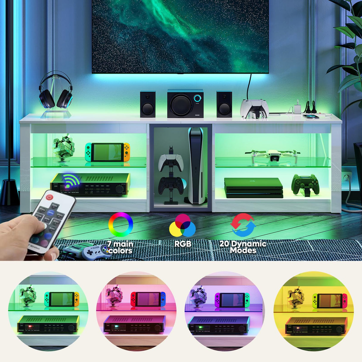 Bestier High Gloss TV Stand for 70 inch TV with Power Outlets, LED Entertainment Center for PS5, Gaming TV Consoles with Glass Shelves for Living Room, 63'' Inch, Bright White Bestier