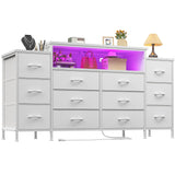 EnHomee 55" W Dresser for Bedroom with LED Lights & Charging Station 12 Drawer Dressers & Chests of Drawers Dresser TV Stand for Bedroom for Hanging 65" TV, Metal Frame & Fabric Drawers, White EnHomee
