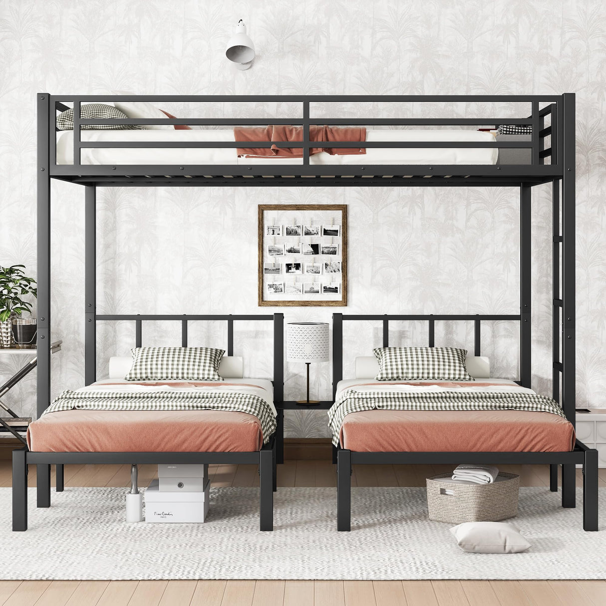 Bellemave Triple Bunk Bed for Kids, Detachable Queen Over Twin & Twin Metal Bunk Bed with Guardrails, Ladder & Storage, Converts to 3 Separate Beds, Easy to Assemble (3 Bunk Beds for Kids, Black) Bellemave