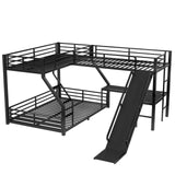 Triple Bunk Beds, L-Shape Twin XL Over Queen Bunk Bed Attached a Loft Bed with Desk, Triple Bunk Bed with Slide and USB Ports, Metal Corner Bunkbed Frame for Three Kids Boys Girls Teens, Metal Black Bellemave