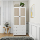 Ampela Rattan Armoire Wardrobe Closet Wood 71" Tall with 2 Doors 3 Drawers,Freestanding Clothes Cabinet with Storage Cubes & Hanging Rod for Bedroom Ampela