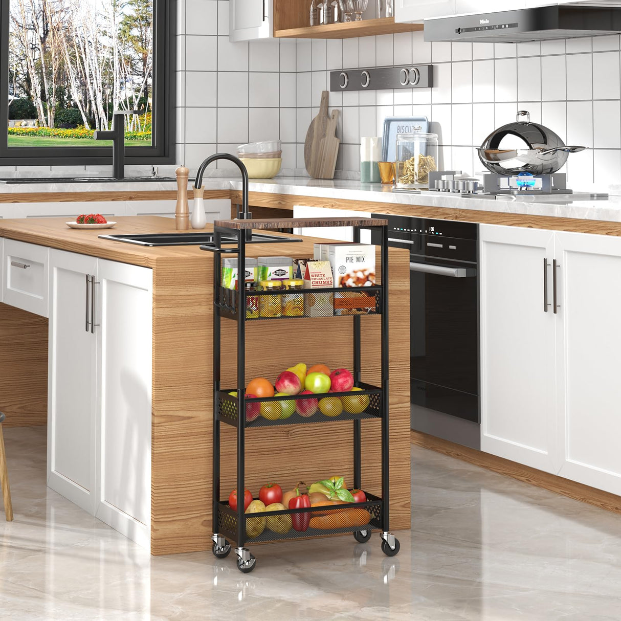 XYZLVSI Slim Storage Cart 4 Tier Narrow Kitchen Rolling Cart on Wheels for Small Space, Mobile Utility Cart Shelving Unit with Wooden Top and Metal Handle for Kitchen, Bathroom, Laundry Room XYZLVSI