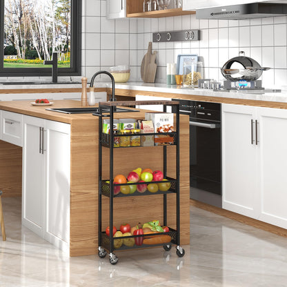 XYZLVSI Slim Storage Cart 4 Tier Narrow Kitchen Rolling Cart on Wheels for Small Space, Mobile Utility Cart Shelving Unit with Wooden Top and Metal Handle for Kitchen, Bathroom, Laundry Room