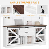 DWVO 59" Wide Hall Tree with Bench and Storage for Hallway Entryway, Coat Rack with Adjustable LED Light, Sliding Barn Doors, 10 Shoe Cubbies & 10 Coat Hooks for Bedchamber Living Room (Rustic White) DWVO