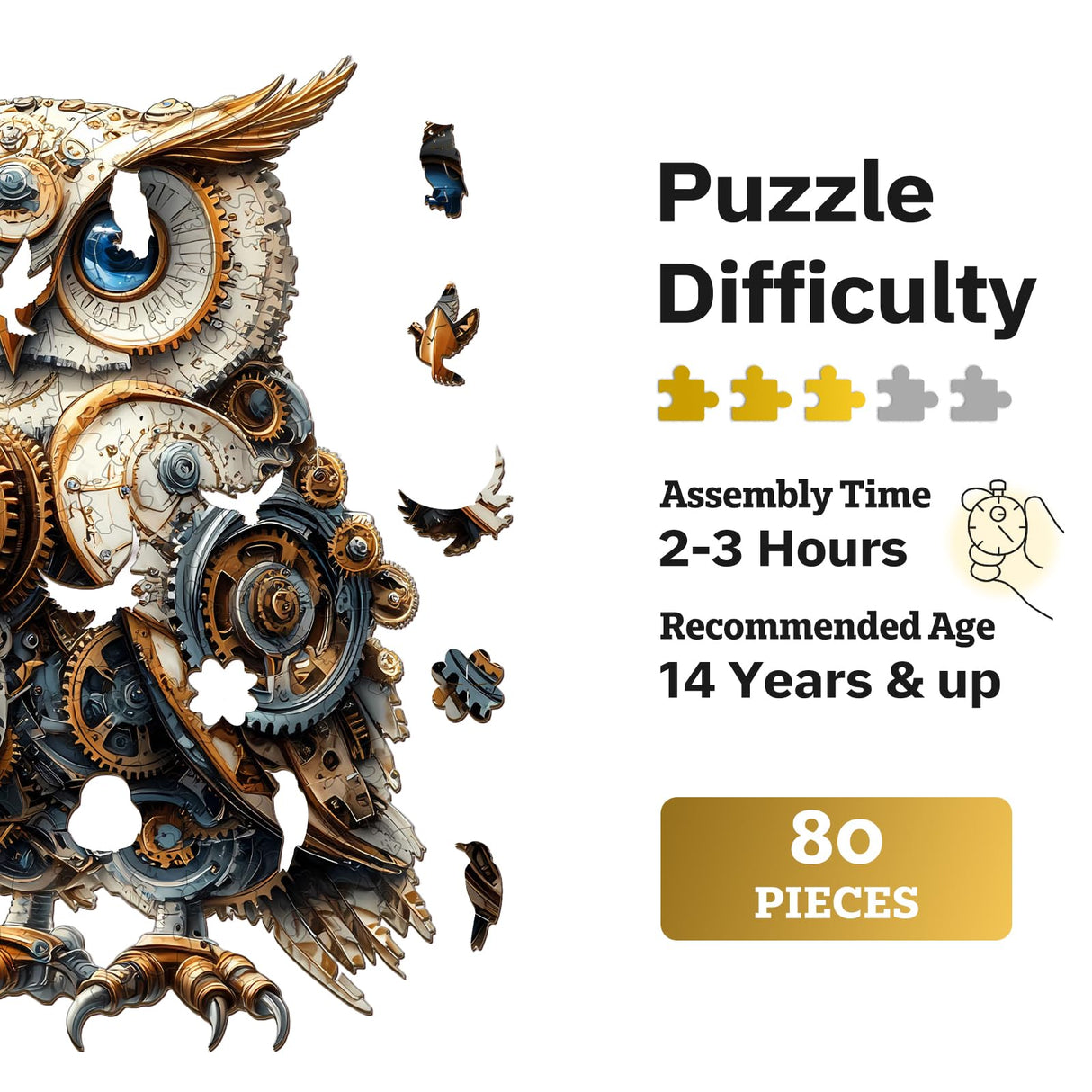 Jigfoxy Wooden Puzzles for Adults, Mechanical Owl Wood Puzzles Adult, Unique Animal Shape Wooden Jigsaw Puzzles for Adults, Birthday Gifts for Puzzle Lovers, Family(S-8.5 * 5.8in-80pcs) Jigfoxy