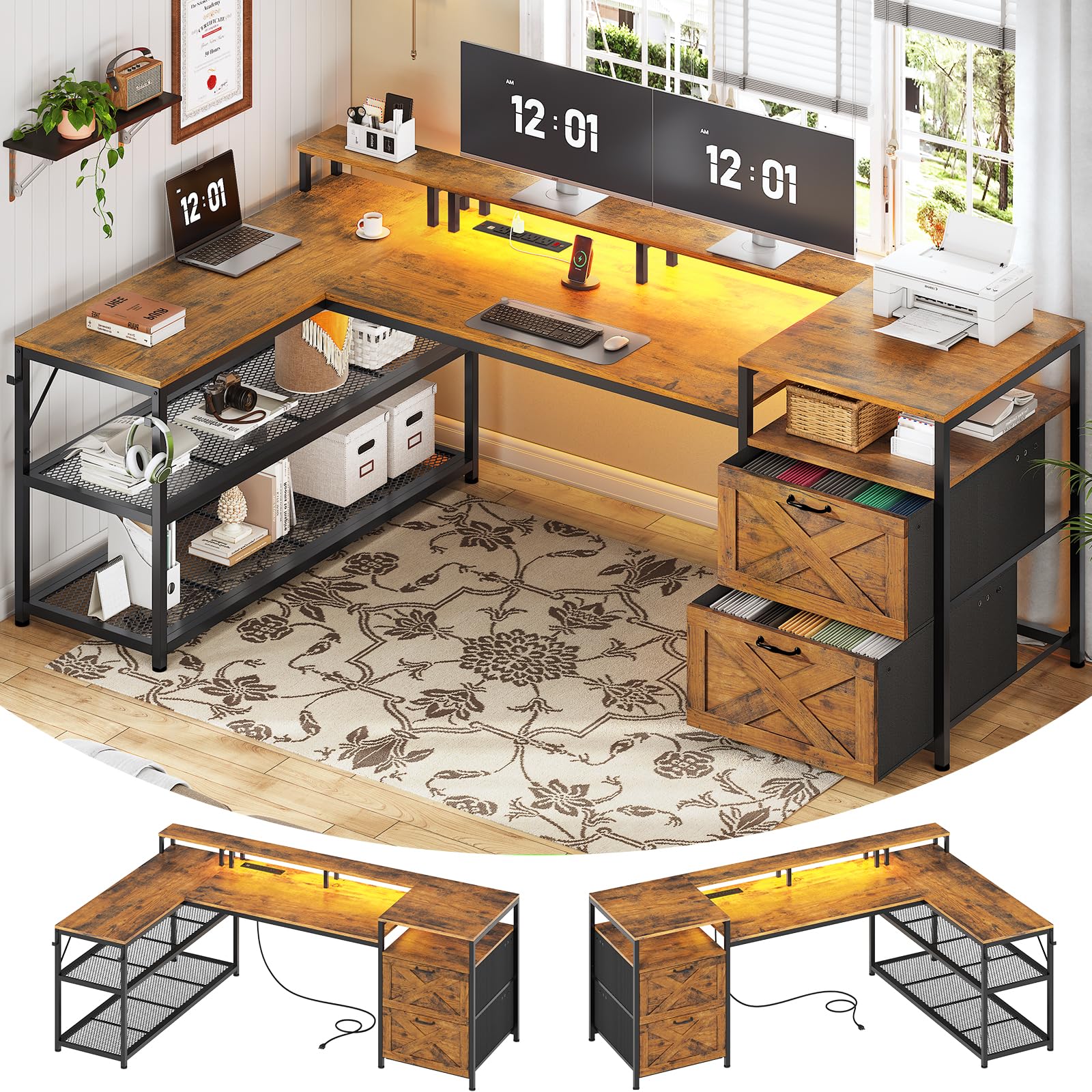 SEDETA 67" L Shaped Desk with Drawers, Computer Office Desk with Storage Shelves & Power Outlet, Reversible Gaming Desk with LED Lights for Home Office, Rustic Brown - WoodArtSupply