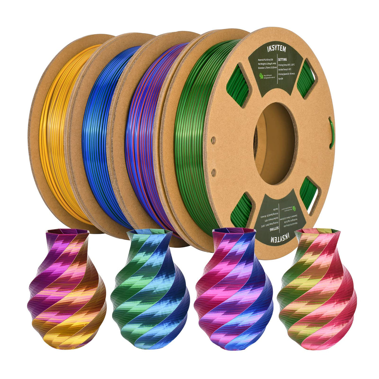 IKSYTEM 3D Printer Filament Bundle, Dual Color Filament, Silk PLA Filament 1.75mm Bundle, Silk Gold Purple, Silk Red Green, Silk Blue Green, Silk Red Blue, 3D Printing Filament, 250gX 4 PLA Spools IKSYTEM