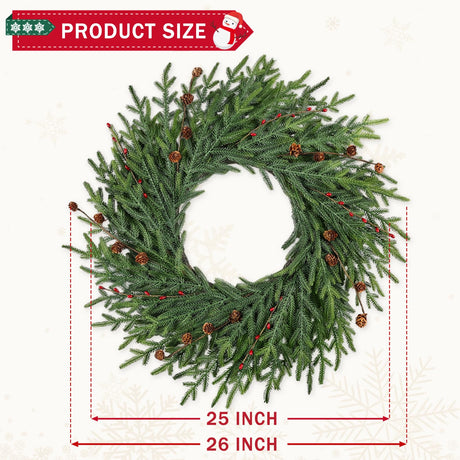 26 Inch Christmas Wreaths for Front Door with Red Berry Real Touch Large Artificial Xmas Winter Pine Cedar Wreaths for Windows Outdoor Christmas Home Yard Farmhouse Wall Front Door Porch Hanging Decor LZNPA