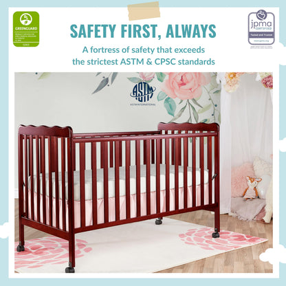 Dream On Me Carson Classic 3-In-1 Convertible Crib In Cherry, Made Of Sustainable Pinewood, Non-Toxic Finish, Comes With Locking Wheels, Wooden Nursery Furniture - WoodArtSupply