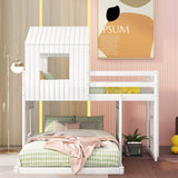 House Bunk Bed Twin Over Full with Playhouse Design for Kids - White Wood Frame by Harper & Bright Designs Harper & Bright Designs