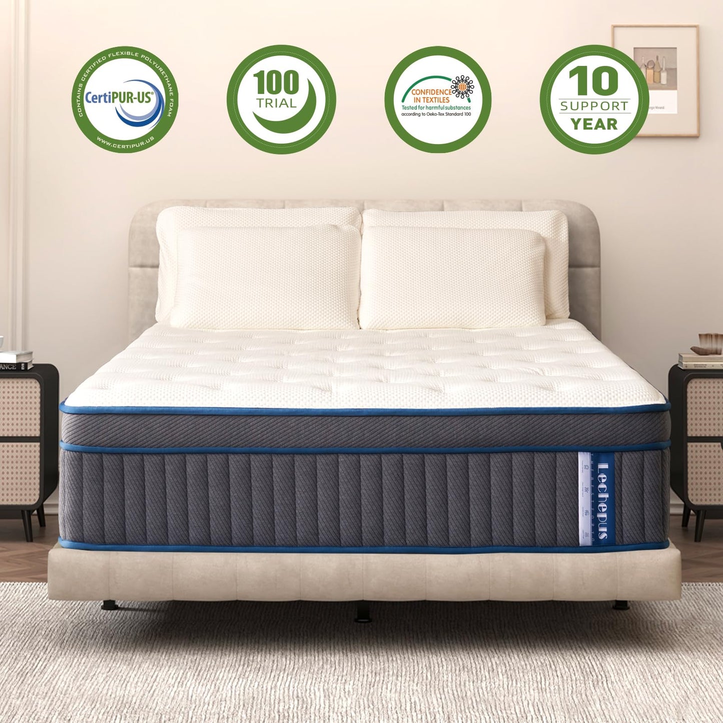 Lechepus California King Mattress, 14Inch Gel Memory Foam with 7-Zone Pocket Spring Mattress Calking Size, Cooling Sleep and Pressure Relief, Medium Plush Hybrid Mattresses in Box for Motion Isolation