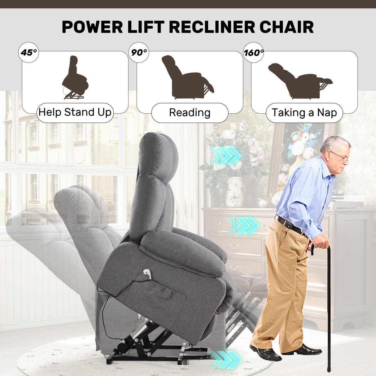 Oversized Power Lift Recliner Chair with Vibration Massage&Heat for Elderly,Classic Upholstered Breathable Fabric Lounge Chair with Side Pockets,USB Charge Port for Living Room,Only One Package Grey Sofetura