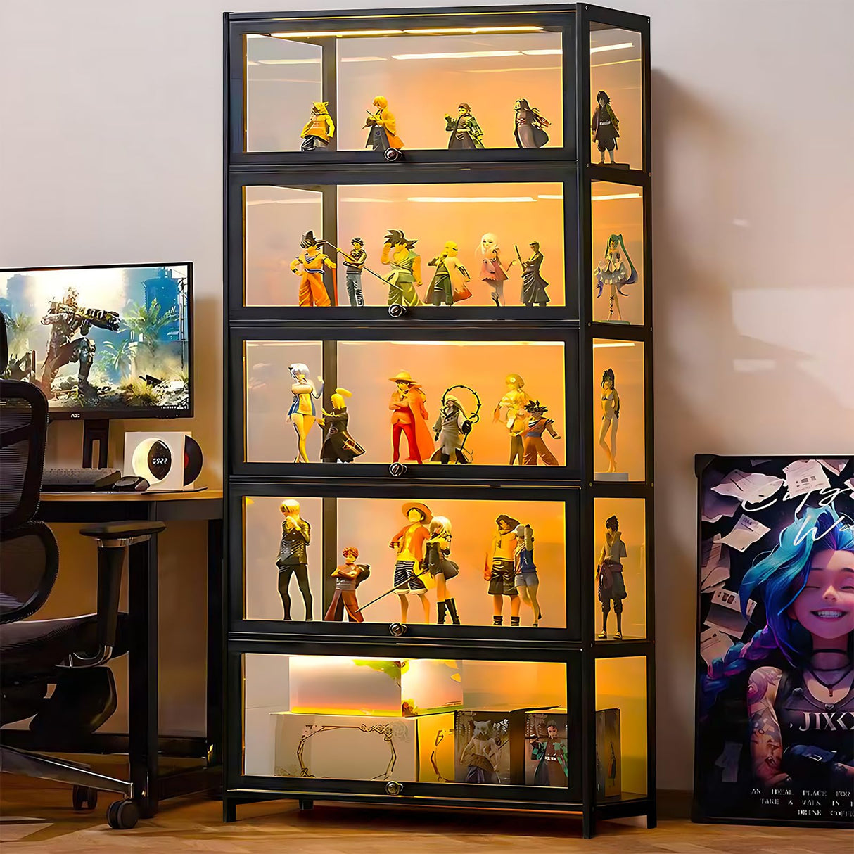 Curio Display Cabinet, 5 Tier Storage Shelves with Acrylic Glass Door, Transparent Bamboo Display Case for Figures, Display Shelves for Collectibles & Kids Bookcase for Home (Black Flip Door) iusyugh