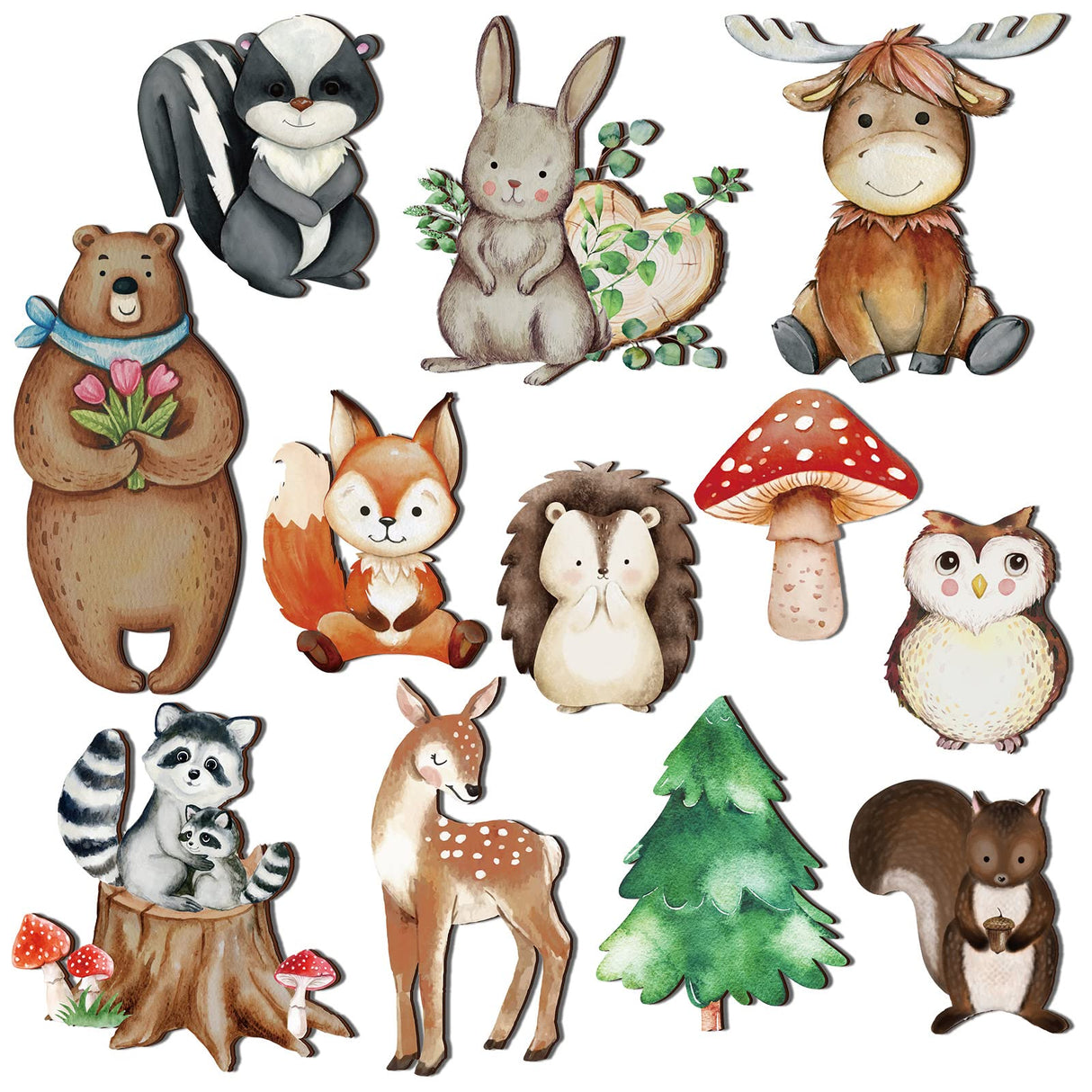 12 Pcs Wooden Animal Cutout Shapes Forest Painted Woodland Decorations Animals Wood Table Centerpieces Woodland Creature Decor for Craft Party Supplies Birthday Favors Cake Decor Feekoon