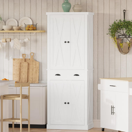 IRONCK Kitchen Pantry Storage Cabinet 72.6" H x 24" W, with Barn Doors, Drawer, 4 Adjustable Shelves, Freestanding Cupboard for Dining Room Living Room, Laundry, White IRONCK