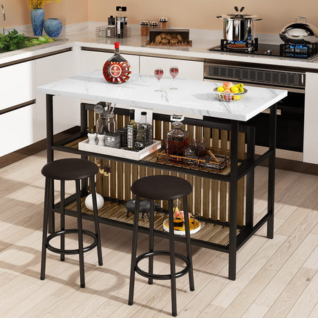 Lamerge Industrial 3-Piece Marble Bar Table Set with Storage Shelves and Stools in White Lamerge
