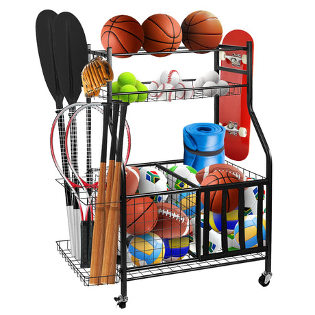 YOUNITA Garage Sports Equipment Organizer, Ball Storage Rack,Garage golf Organizer with Basket and Hooks,Rolling Sports Ball Storage Cart for Toy Gear Storage (45.71 inch) YOUNITA