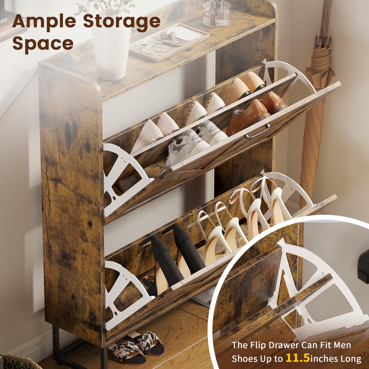 Dowinx Shoe Cabinet Storage with 2 Flip Drawers, Freestanding Shoe Organier Cabinet with Metal Legs, Farmhouse Narrow Shoe Stroage Cabinet Hidden for Entryway Hallway, Rustic Brown Dowinx