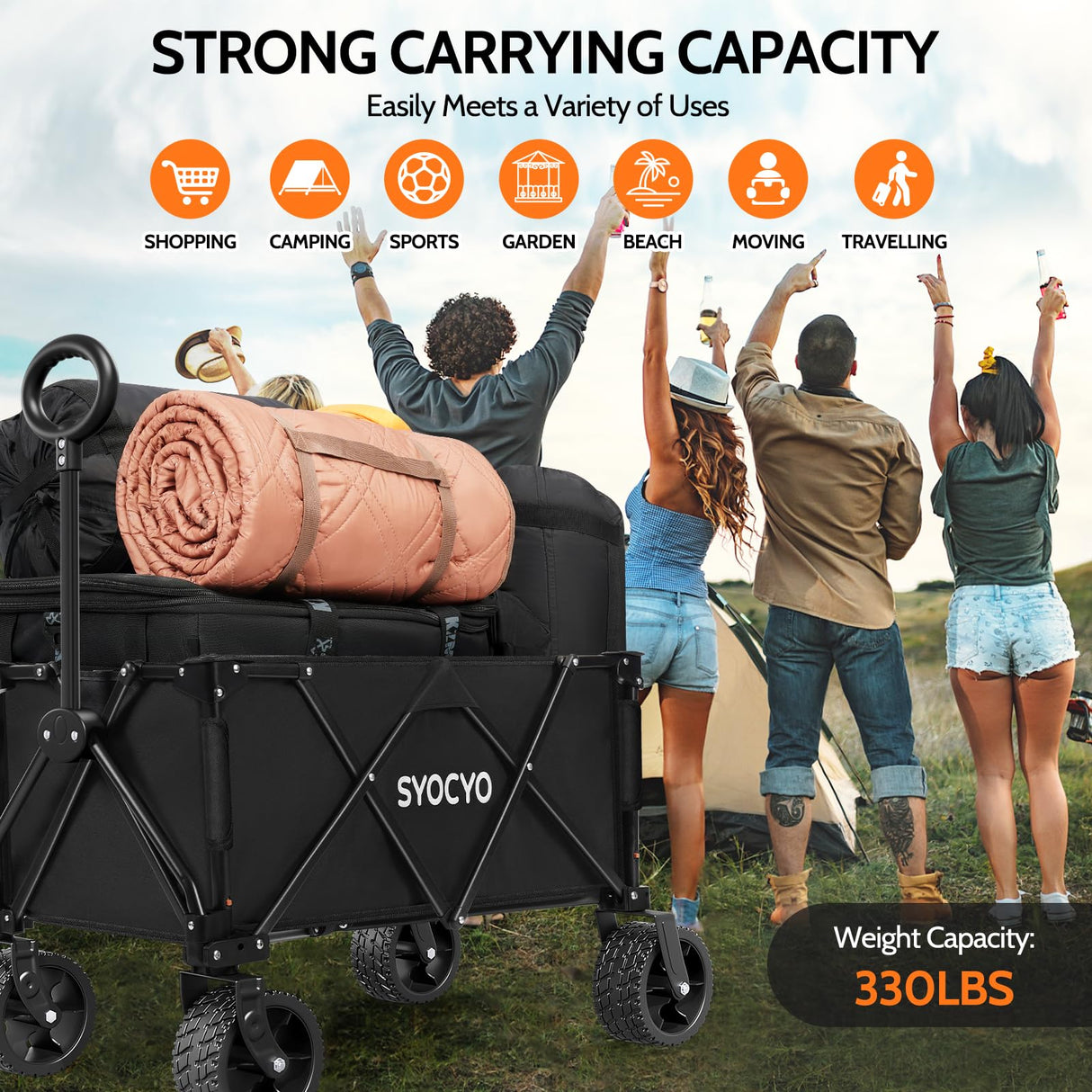 Collapsible Foldable Wagon Cart, Heavy Duty Folding Wagon with 330lbs Weight Capacity, Beach Wagon with All-Terrain Wheels Utility Garden Cart for Camping, Sports, Beach and Shopping, Black SYOCYO