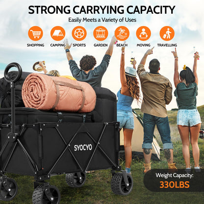 Collapsible Foldable Wagon Cart, Heavy Duty Folding Wagon with 330lbs Weight Capacity, Beach Wagon with All-Terrain Wheels Utility Garden Cart for Camping, Sports, Beach and Shopping, Black