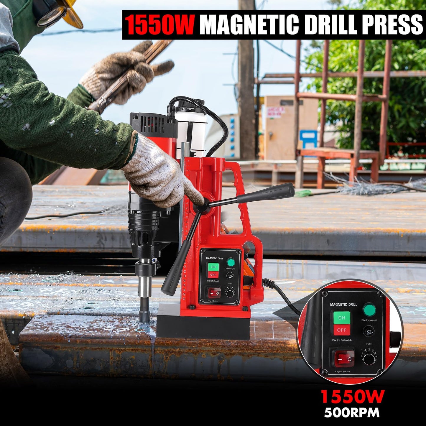 GARVEE Magnetic Drill Press, 1550W 500RPM Portable Mag Drill Press, 10-Speed Core Drilling Machine for Metal Working,3Pcs Drill Bits，Red - WoodArtSupply